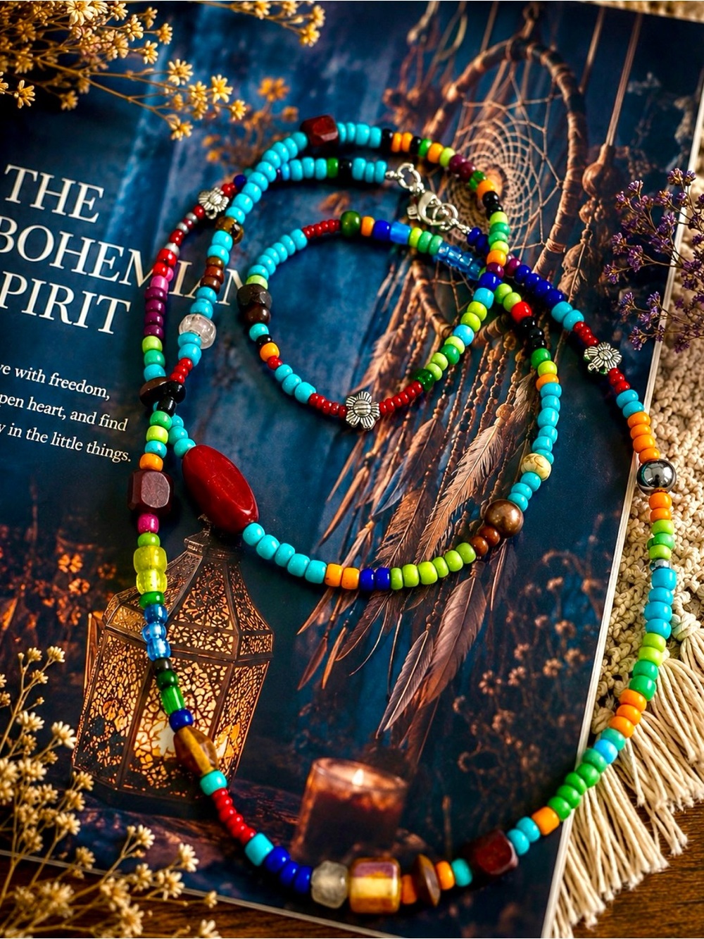 Boho Multicolor Beaded Necklace - Vibrant Turquoise & Rainbow or Bracelet - Picture 1 of 2